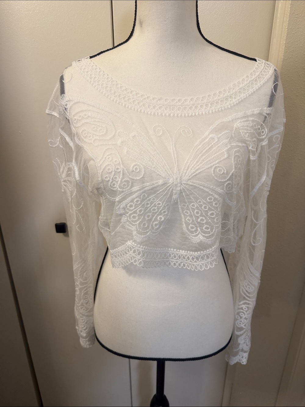 White Sheer Embroidered Butterfly Crop Top - Women